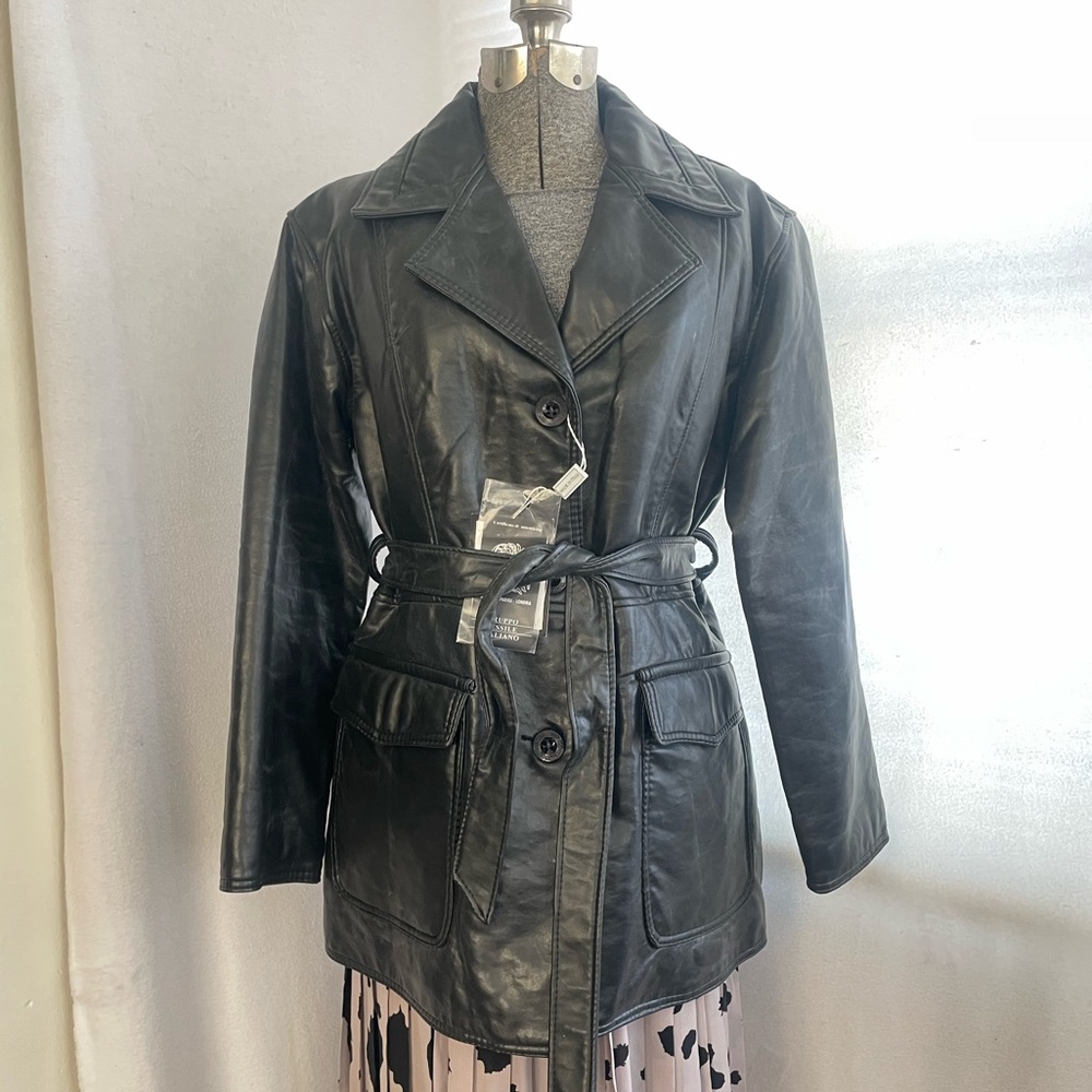 Vintage 90s VIP Moda faux leather belted trench coat new old stock